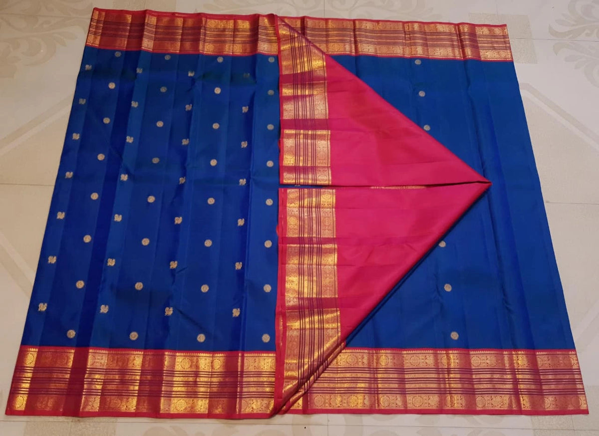 2G Pure Korvai Kanjivaram Silk Saree in Royal Blue with Rich Red & Pink Zari Border and Traditional Peacock Weave | Silkmark Certified