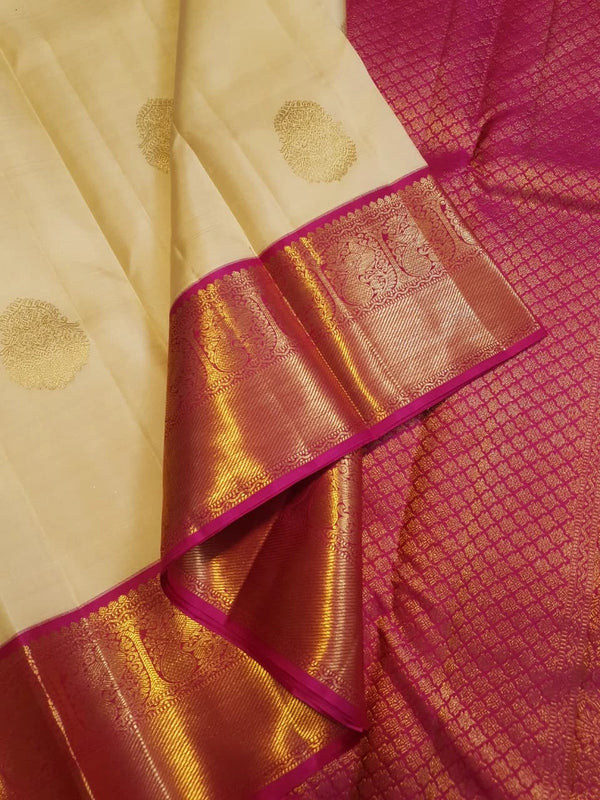 2G Korvai Pure Cream Gold & Magenta Kanjivaram Silk Saree with Rich Zari Border