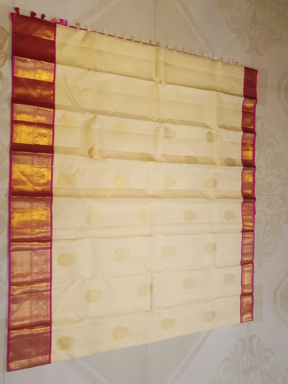 2G Korvai Pure Cream Gold & Magenta Kanjivaram Silk Saree with Rich Zari Border