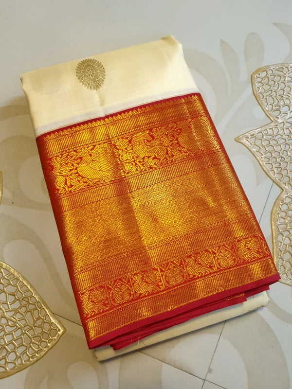 2G White Pure Korvai Kanjivaram Silk Saree with Maroon Zari Border