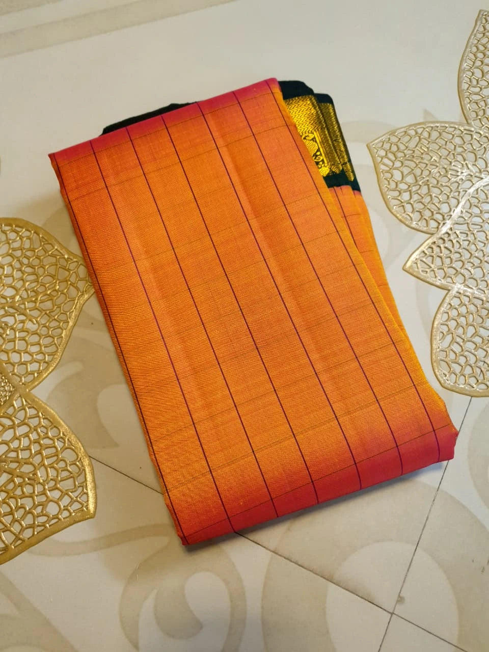 2G Pure Kanjivaram Silk Saree in Orange with Green & Rich Gold Zari Traditional Border | Silkmark Certified