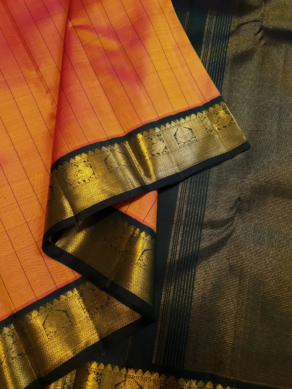 2G Pure Kanjivaram Silk Saree in Orange with Green & Rich Gold Zari Traditional Border | Silkmark Certified