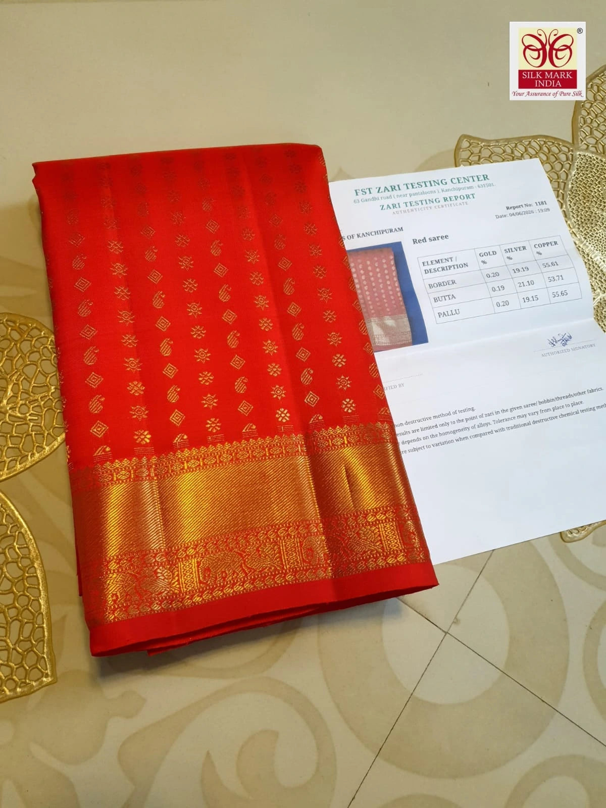 3Gram Pure Zari Bright Red Kanjivaram Silk Saree with Elegant Buttas | Silkmark Certified
