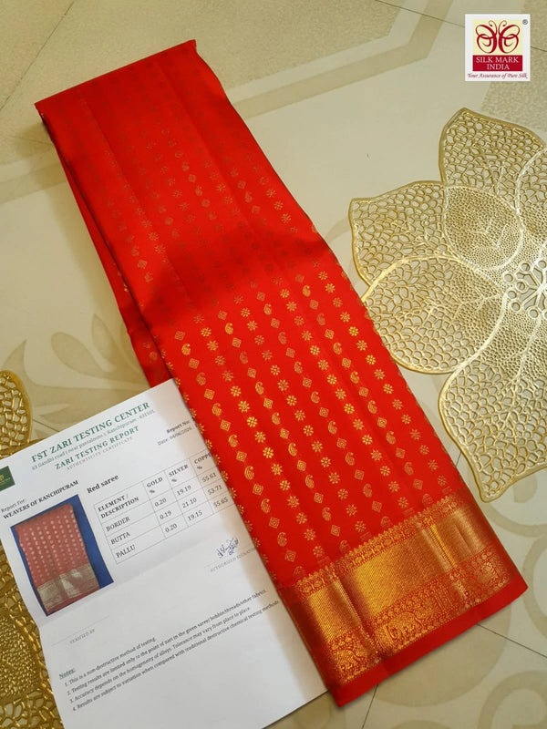 3Gram Pure Zari Bright Red Kanjivaram Silk Saree with Elegant Buttas | Silkmark Certified