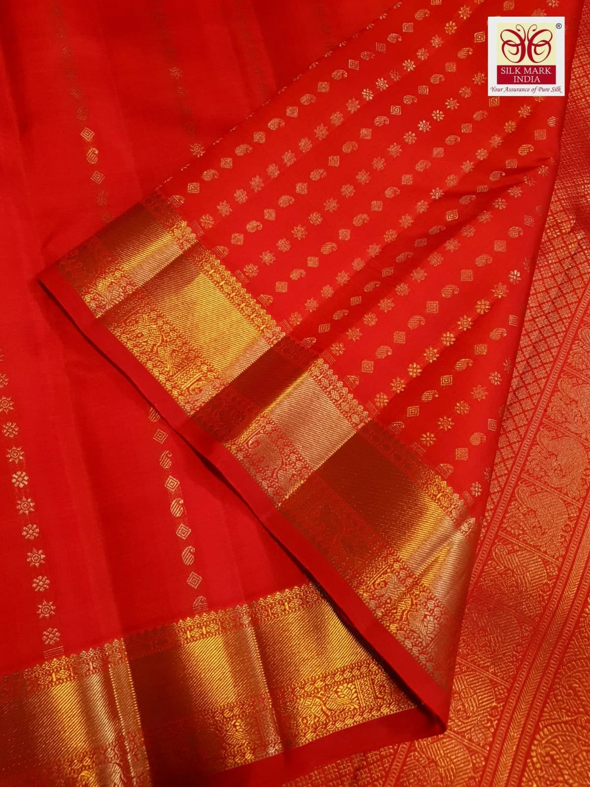 3Gram Pure Zari Bright Red Kanjivaram Silk Saree with Elegant Buttas | Silkmark Certified