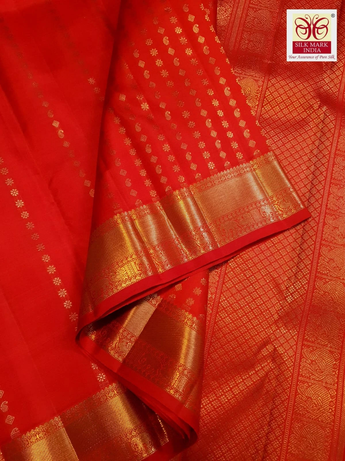 3Gram Pure Zari Bright Red Kanjivaram Silk Saree with Elegant Buttas | Silkmark Certified