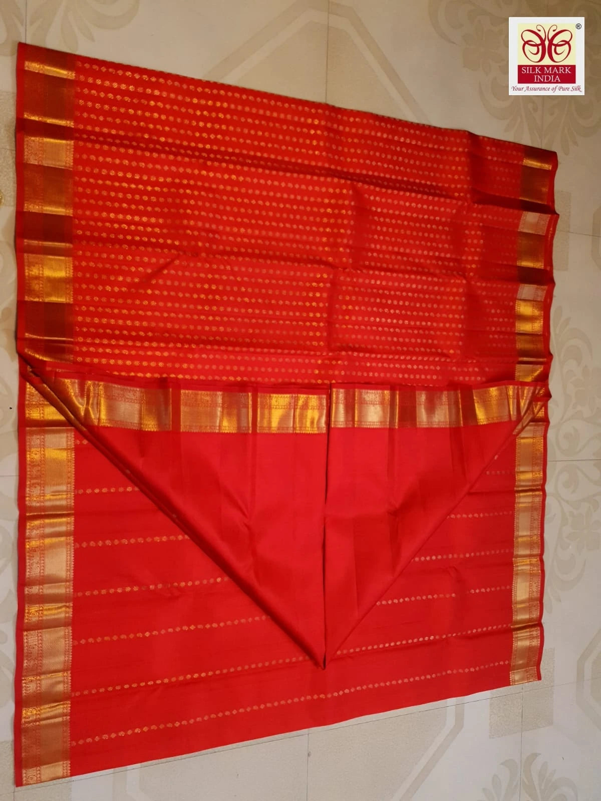 3Gram Pure Zari Bright Red Kanjivaram Silk Saree with Elegant Buttas | Silkmark Certified