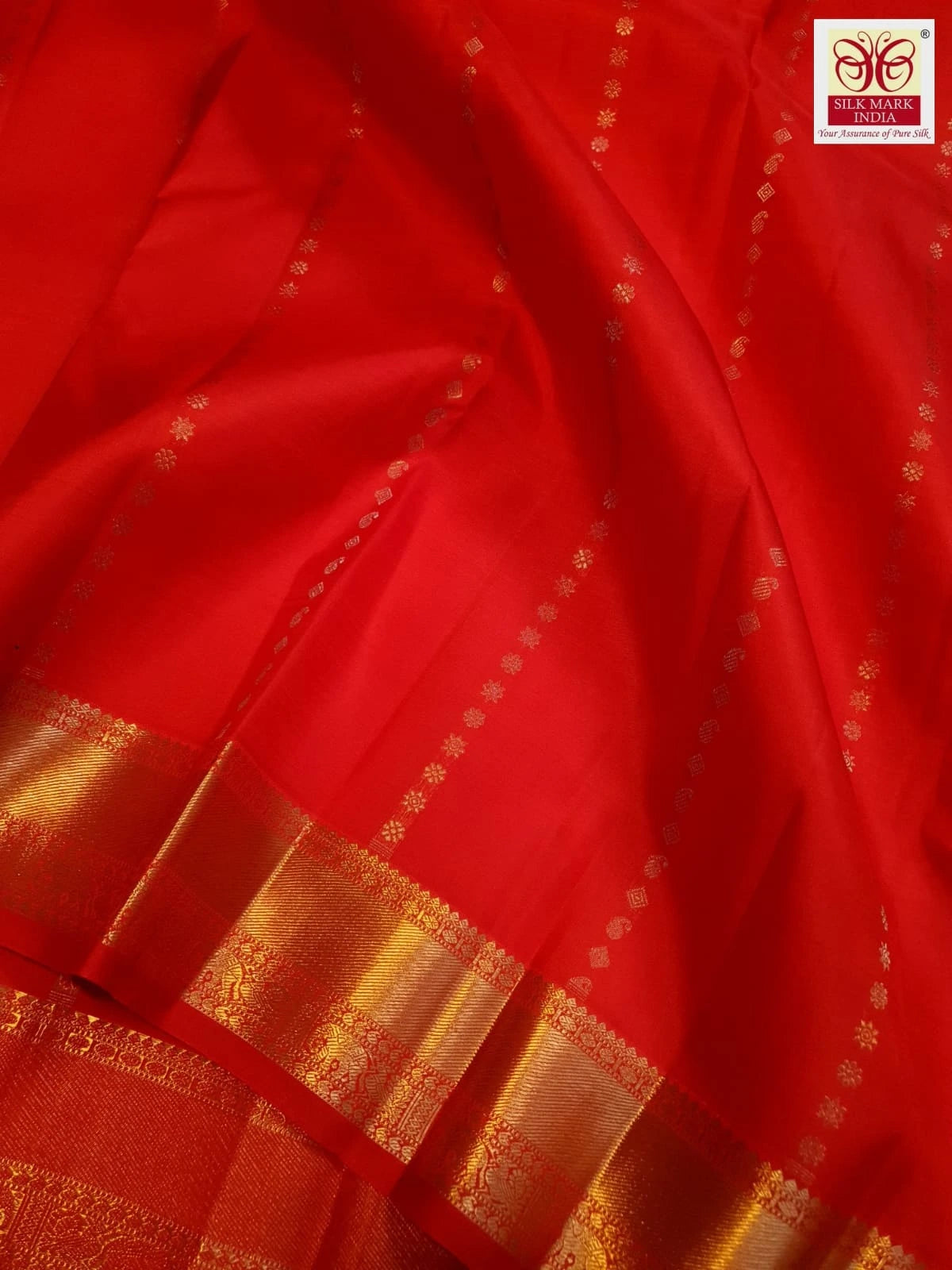3Gram Pure Zari Bright Red Kanjivaram Silk Saree with Elegant Buttas | Silkmark Certified