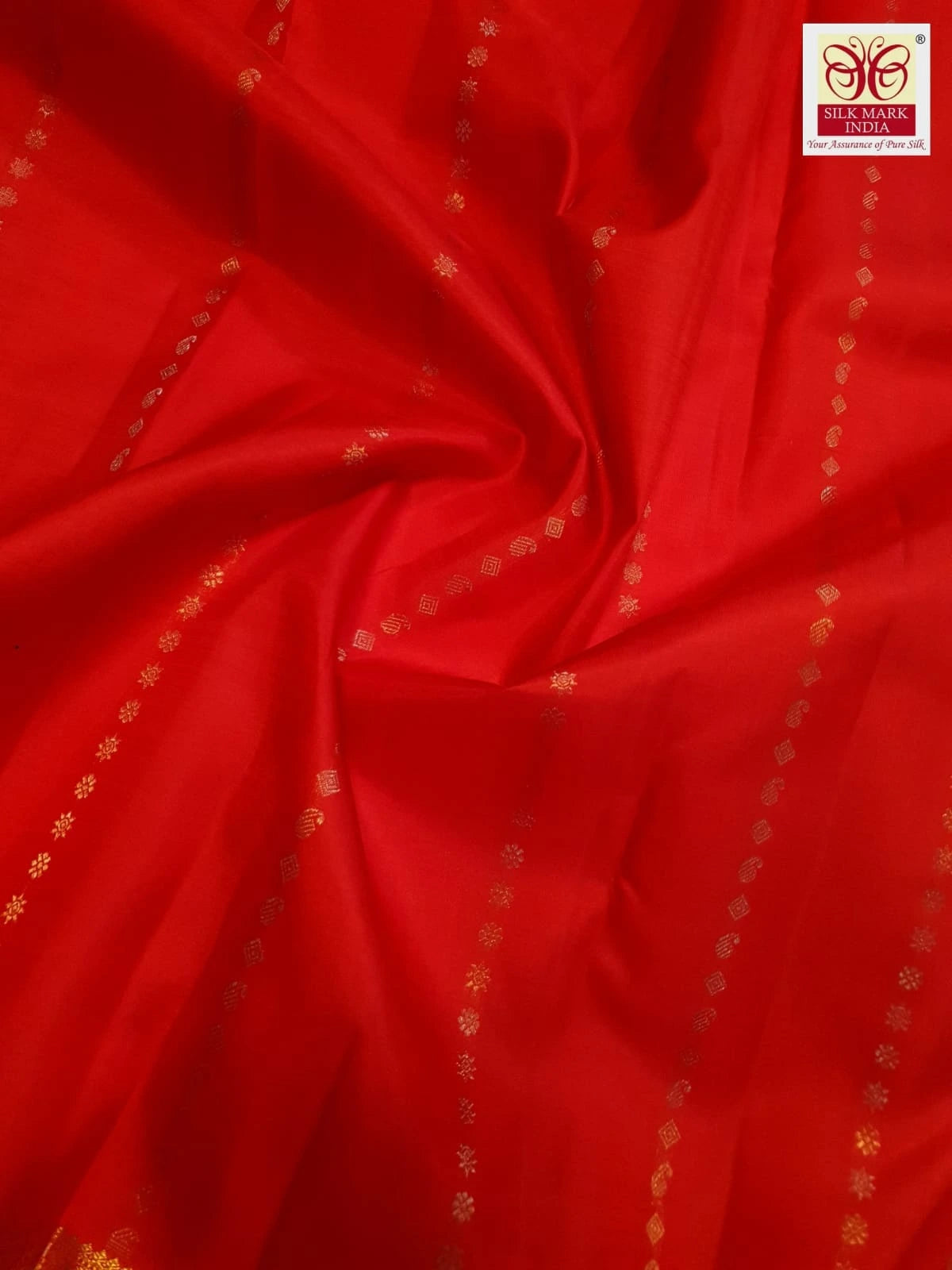 3Gram Pure Zari Bright Red Kanjivaram Silk Saree with Elegant Buttas | Silkmark Certified