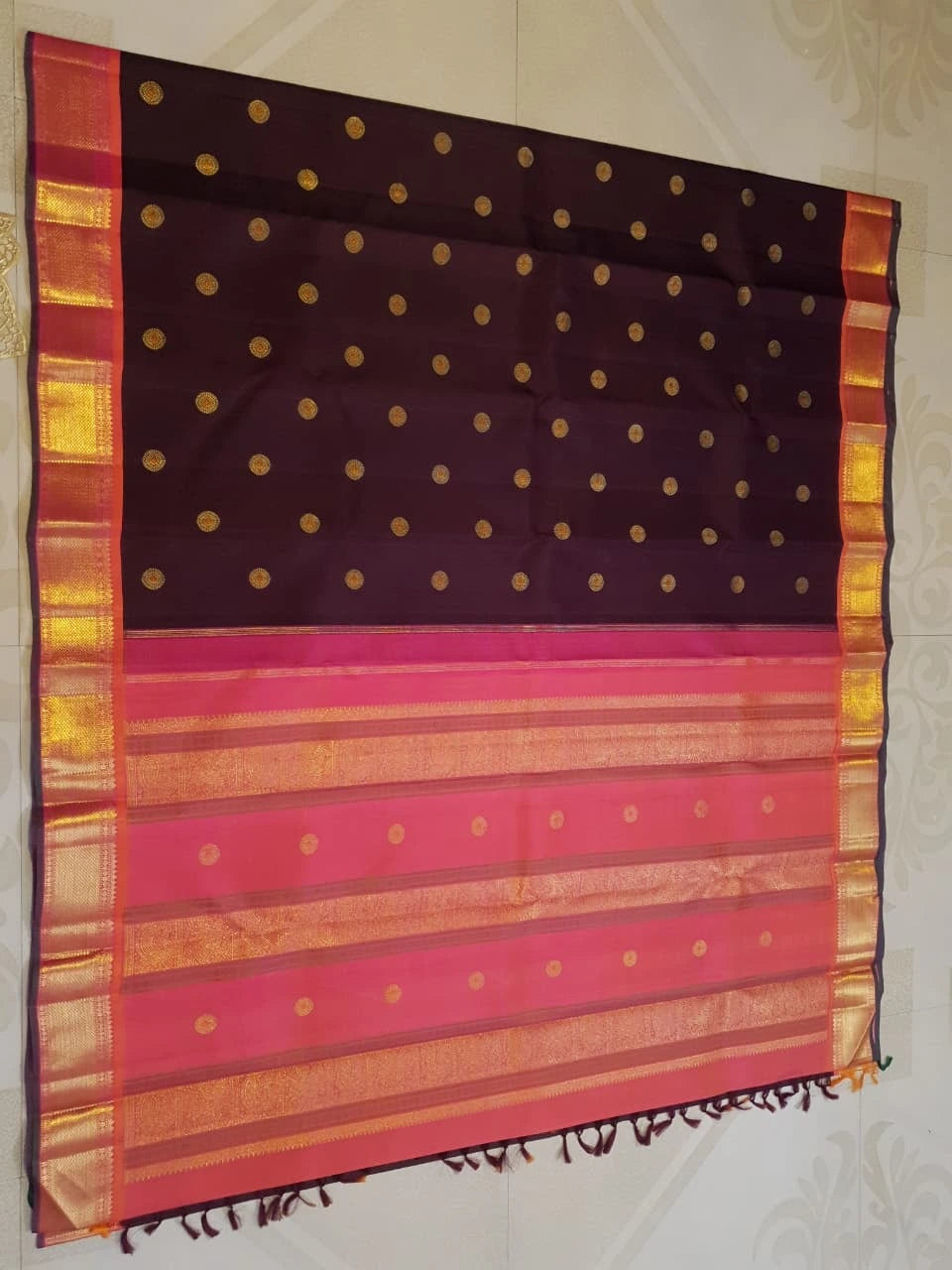 3Gram Pure Zari Korvai Kanjivaram Silk Saree in Deep Wine with Peach Border | Silkmark Certified