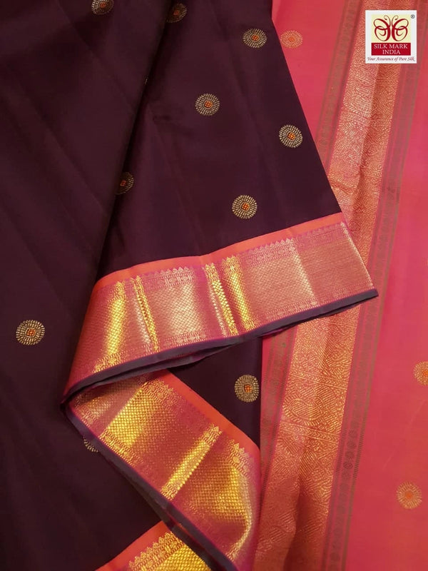 3Gram Pure Zari Korvai Kanjivaram Silk Saree in Deep Wine with Peach Border | Silkmark Certified