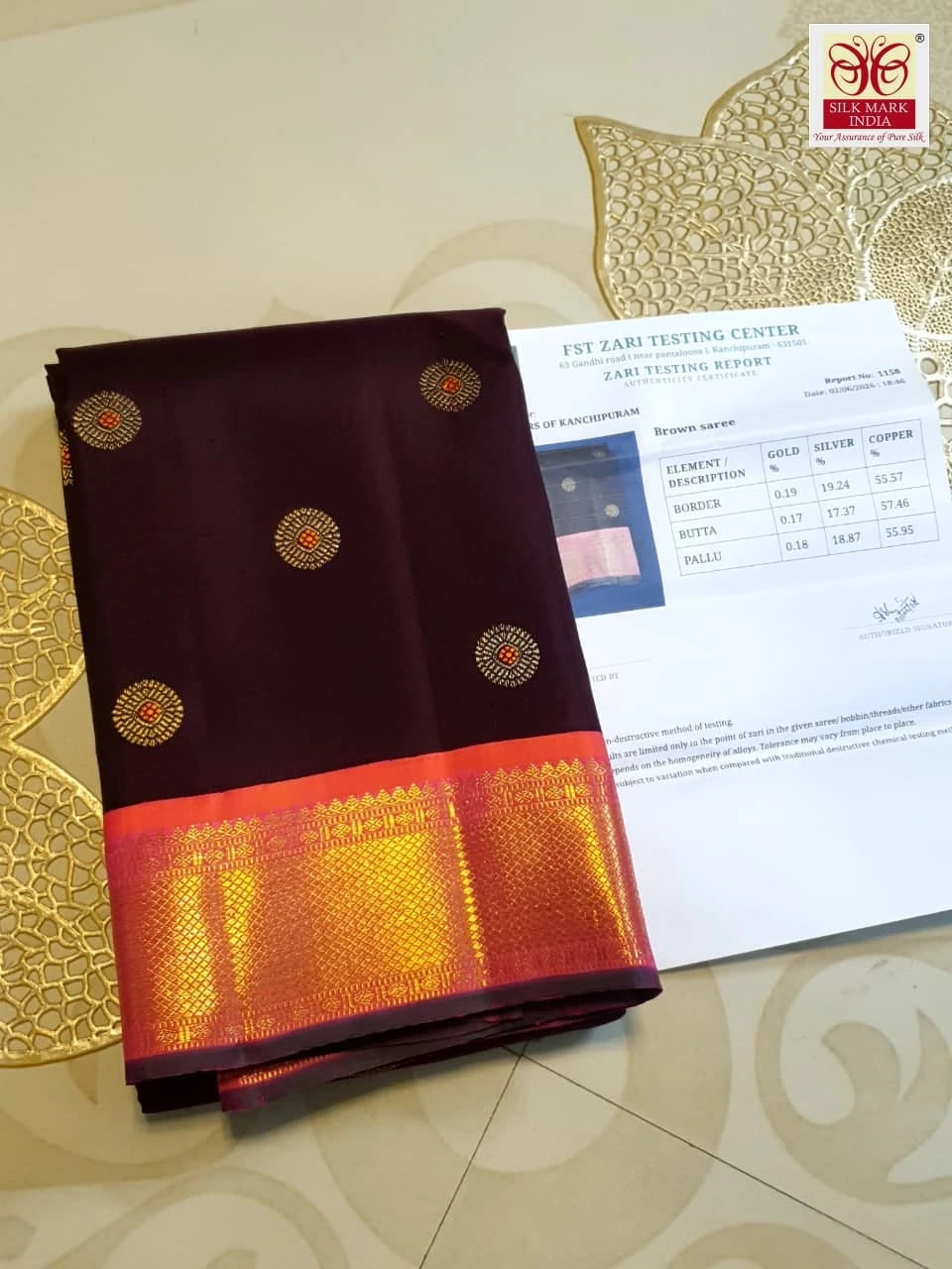 3Gram Pure Zari Korvai Kanjivaram Silk Saree in Deep Wine with Peach Border | Silkmark Certified