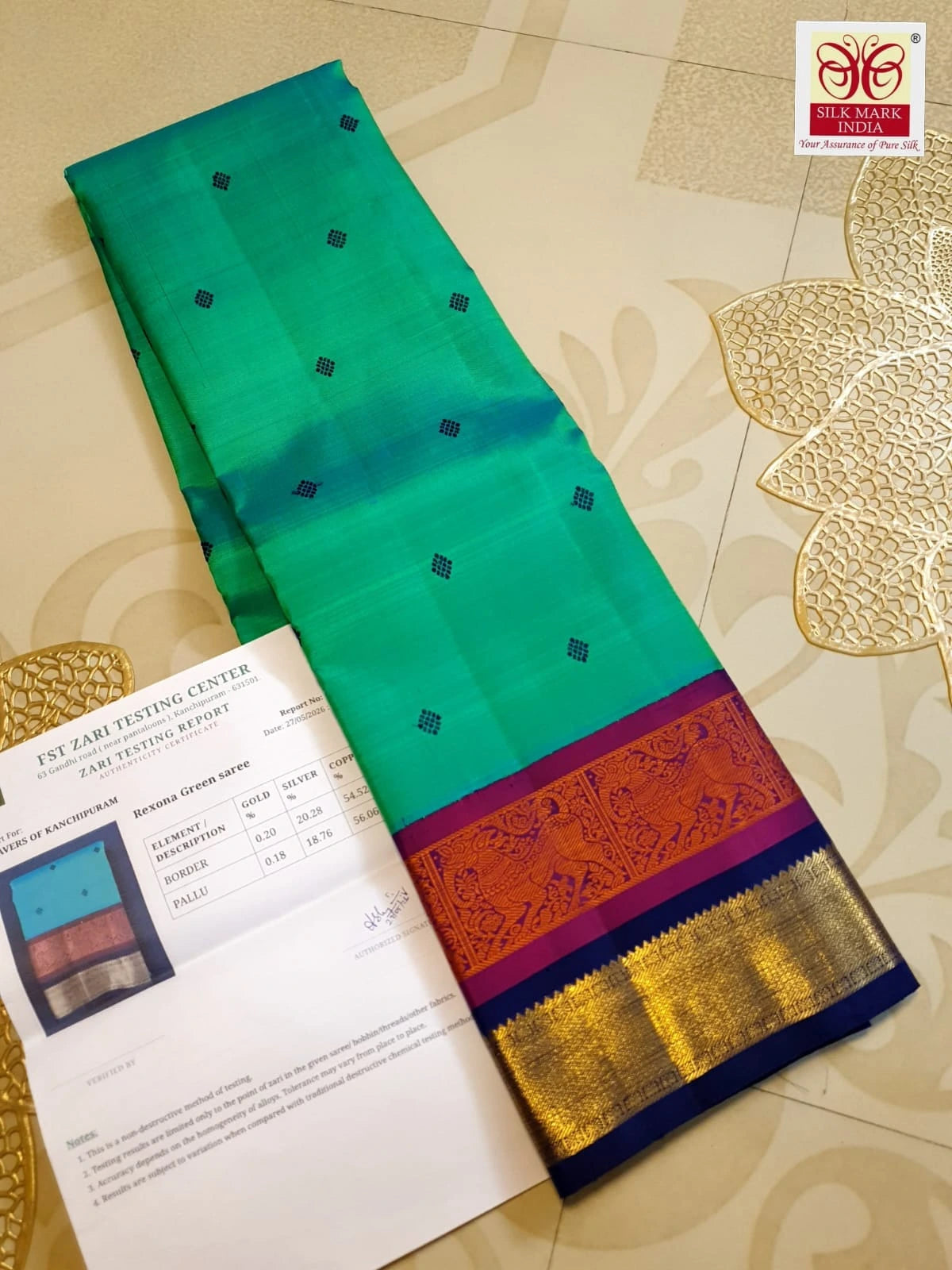 3Gram Pure Zari Kanjivaram Silk Saree in Rexona Green with Magenta & Navy Blue Border, Rich Gold Zari Pallu & Traditional Motifs | Zari Certified & Silkmark Certified