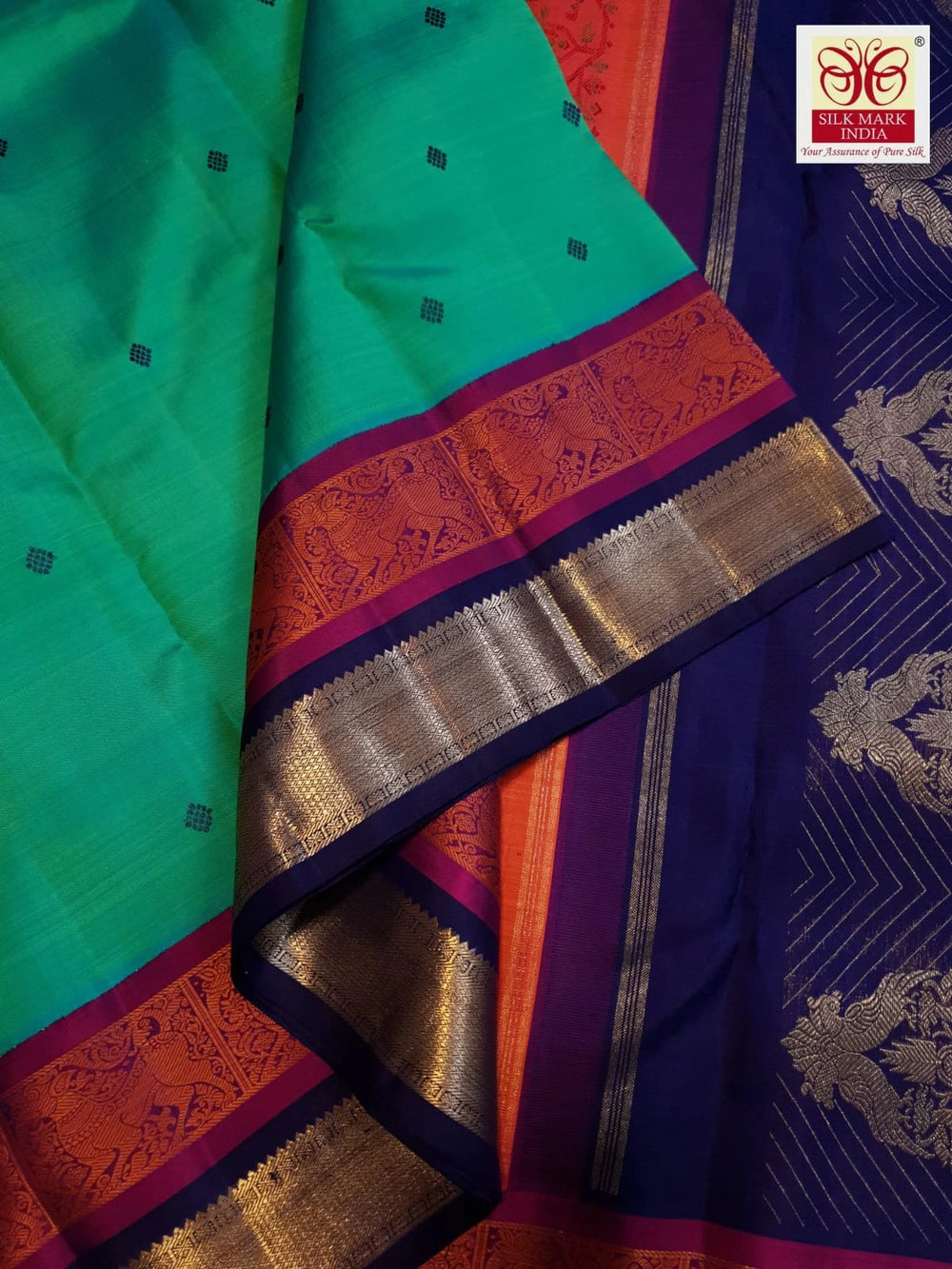 3Gram Pure Zari Kanjivaram Silk Saree in Rexona Green with Magenta & Navy Blue Border, Rich Gold Zari Pallu & Traditional Motifs | Zari Certified & Silkmark Certified