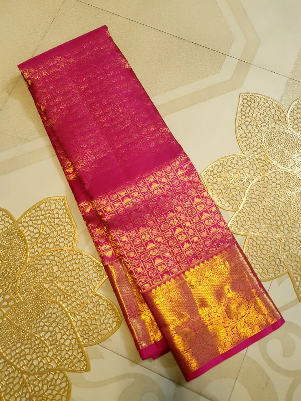 2G Pure Kanjivaram Silk Saree in Rich Magenta Pink with Antique Gold Zari Geometric Checks, Grand Zari Border & Floral Zari Pallu | Silkmark Certified
