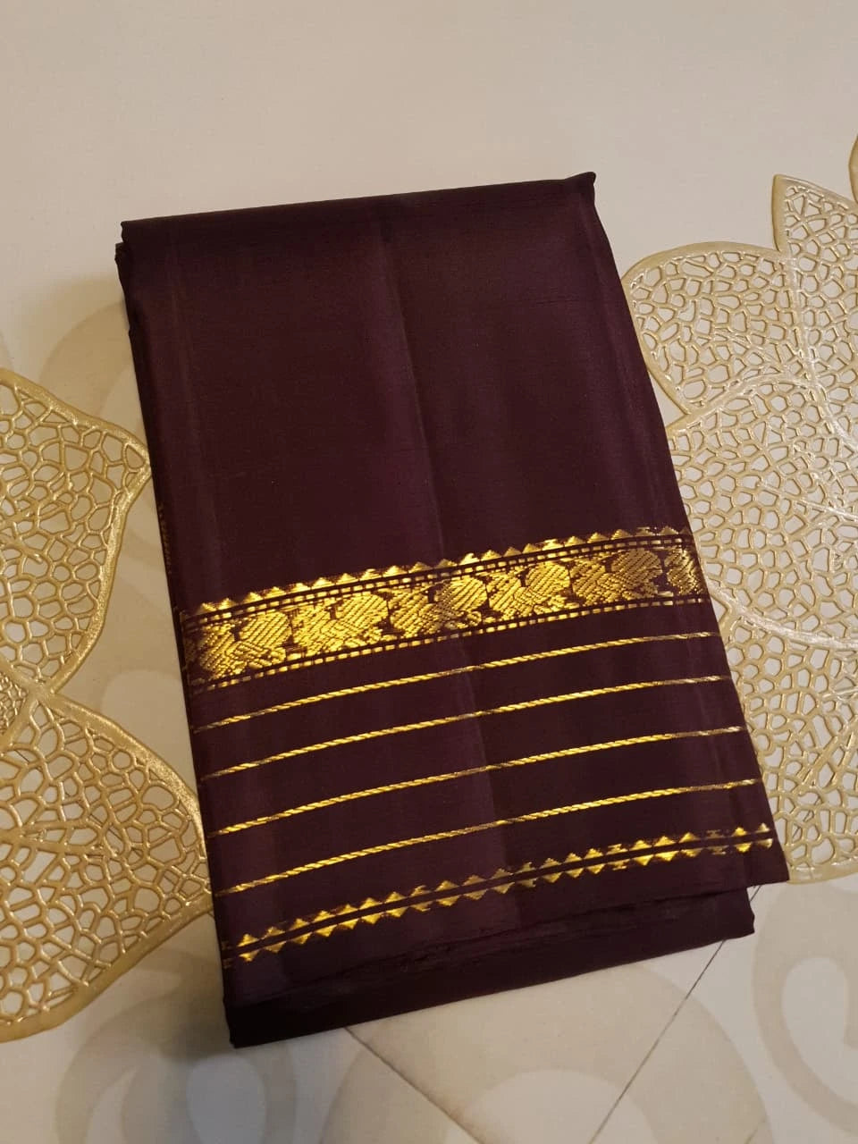 2G Pure Zari Kanjivaram Silk Saree in Deep Maroon with Rich Gold Zari Peacock Border & Traditional Zari Stripes | Silkmark Certified