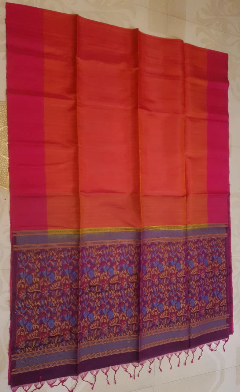 Elegant Kanchi Soft Silk Saree with Plain Border & Exclusive Floral Pallu | Silkmark Certified - Orange