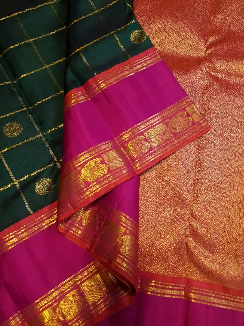 2G Kanjivaram Silk Saree in Deep Bottle Green with Magenta Contrast Border & Peacock Butta | Silkmark Certified