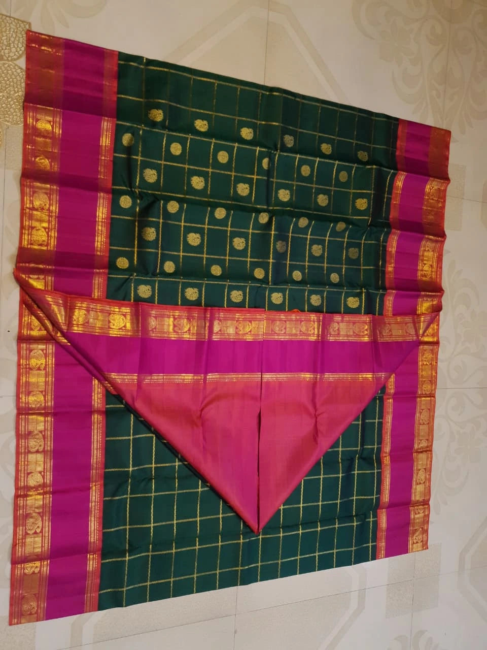 2G Kanjivaram Silk Saree in Deep Bottle Green with Magenta Contrast Border & Peacock Butta | Silkmark Certified