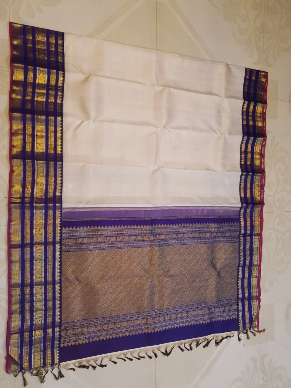 2G Pure Korvai Kanjivaram Silk Saree in Cream with Royal Blue Peacock Zari Border & Rich Gold Zari Pallu | Silkmark Certified
