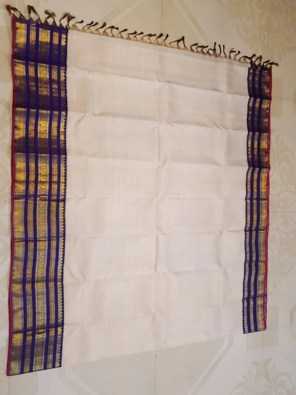 2G Pure Korvai Kanjivaram Silk Saree in Cream with Royal Blue Peacock Zari Border & Rich Gold Zari Pallu | Silkmark Certified