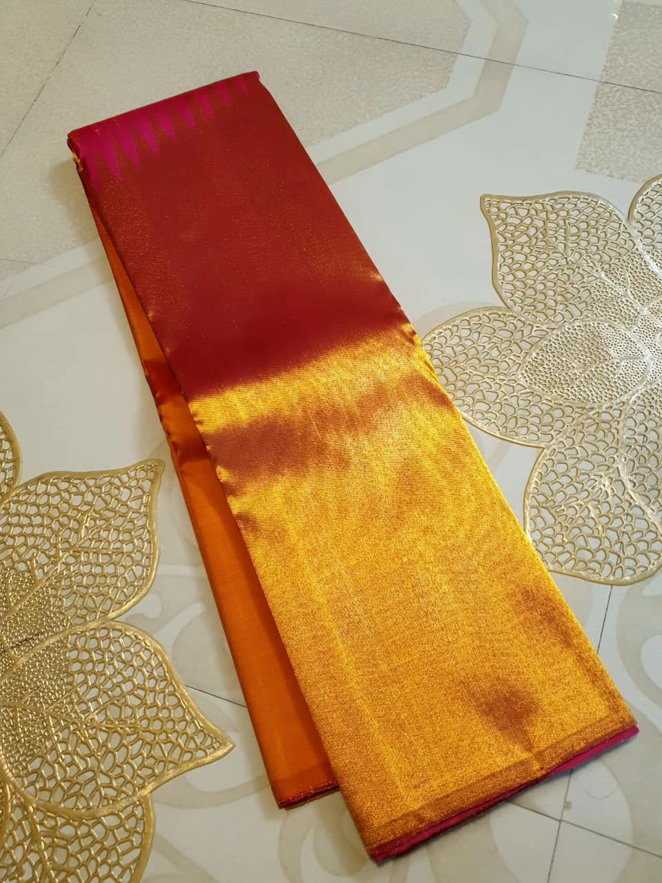 2G Pure Kanjivaram Silk Saree in Bright Orange with Rich Gold Zari Pallu & Traditional Magenta Zig-Zag Border | Silkmark Certified