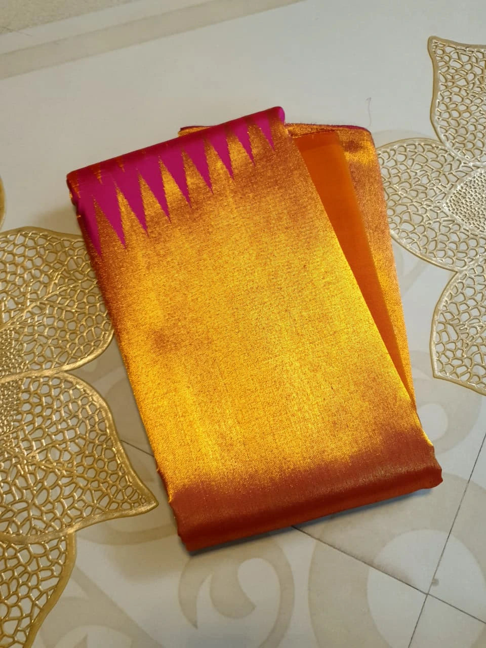 2G Pure Kanjivaram Silk Saree in Bright Orange with Rich Gold Zari Pallu & Traditional Magenta Zig-Zag Border | Silkmark Certified