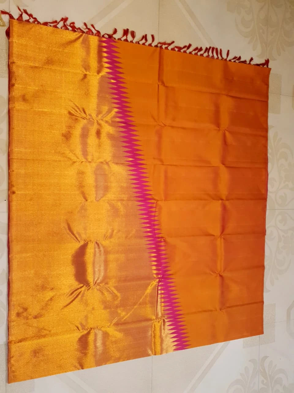 2G Pure Kanjivaram Silk Saree in Bright Orange with Rich Gold Zari Pallu & Traditional Magenta Zig-Zag Border | Silkmark Certified