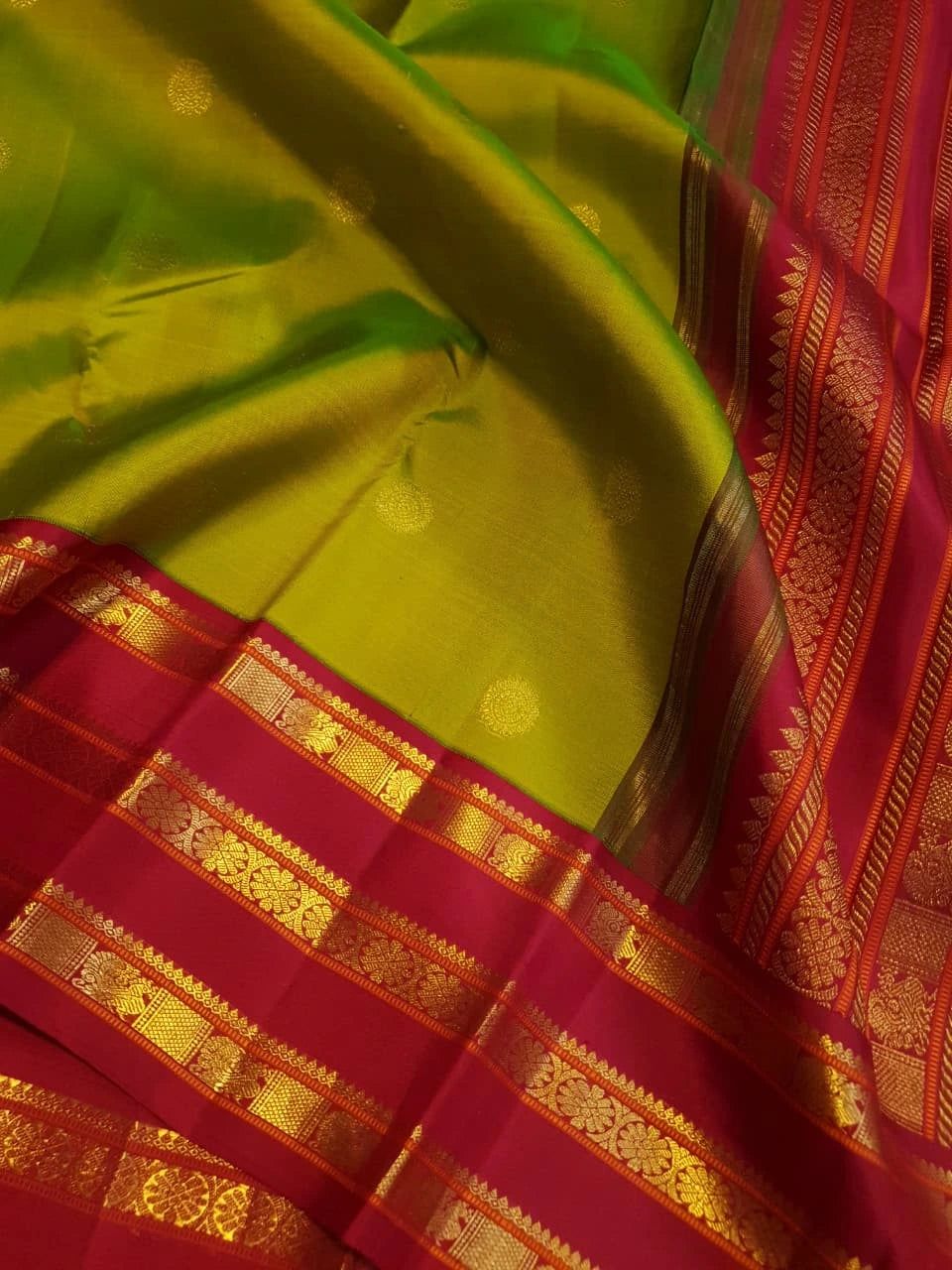 2G Pure Korvai Kanjivaram Silk Saree in Parrot Green with Rich Red & Gold Zari Peacock Border | Silkmark Certified