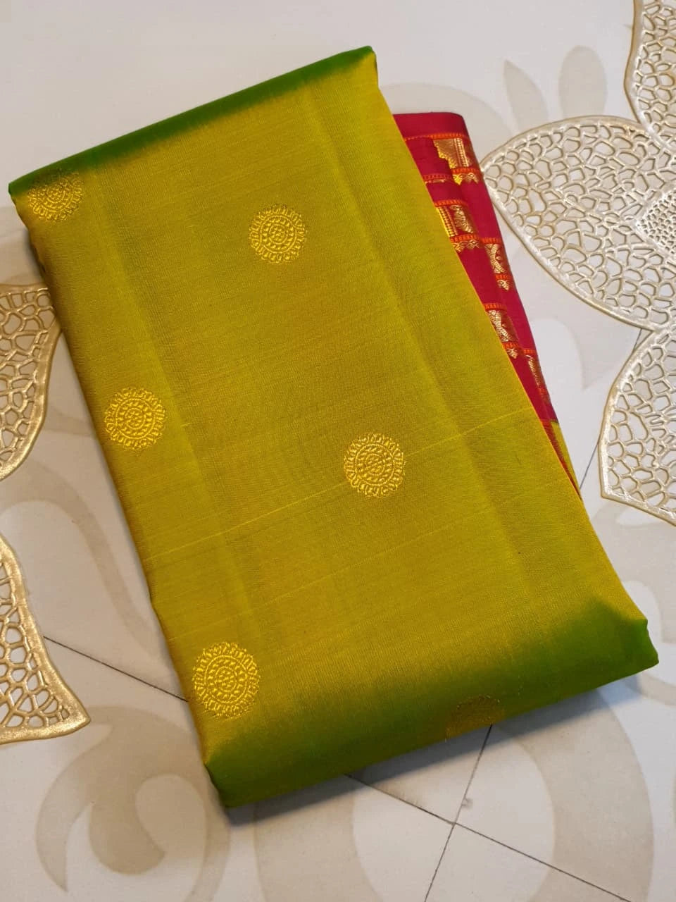 2G Pure Korvai Kanjivaram Silk Saree in Parrot Green with Rich Red & Gold Zari Peacock Border | Silkmark Certified