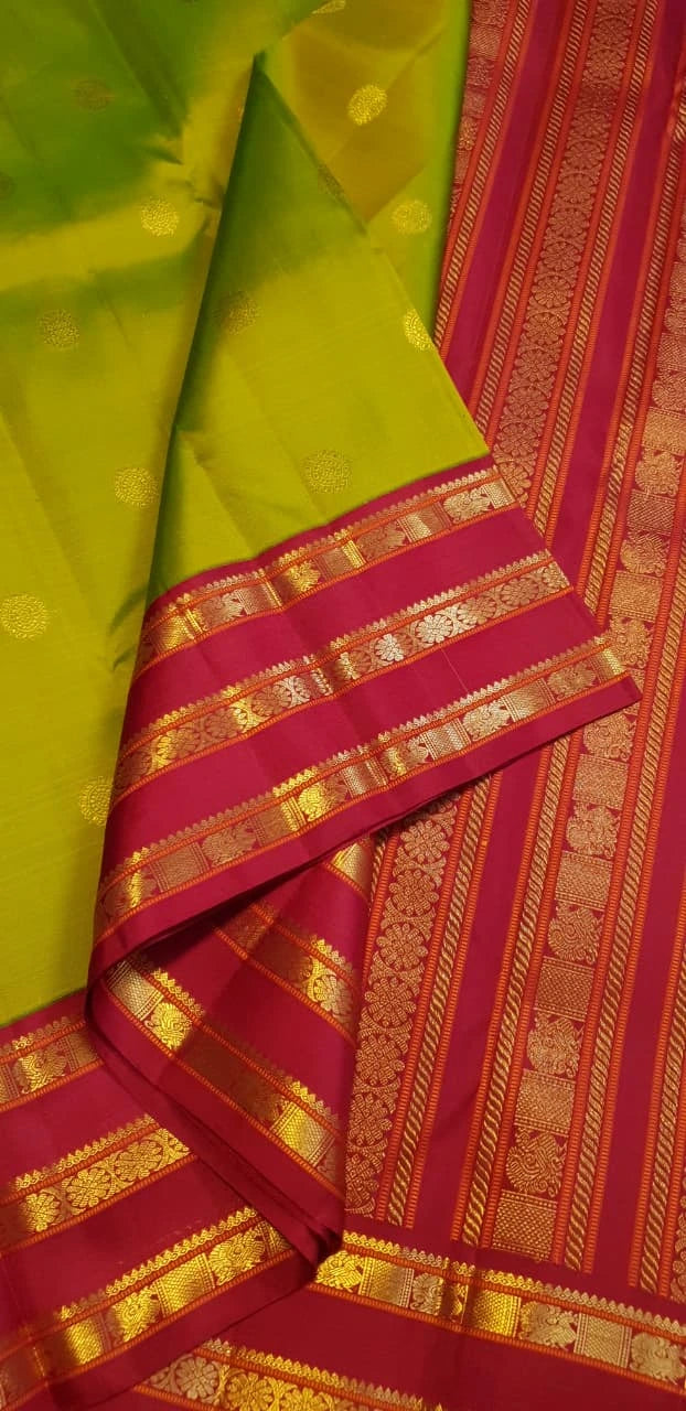 2G Pure Korvai Kanjivaram Silk Saree in Parrot Green with Rich Red & Gold Zari Peacock Border | Silkmark Certified