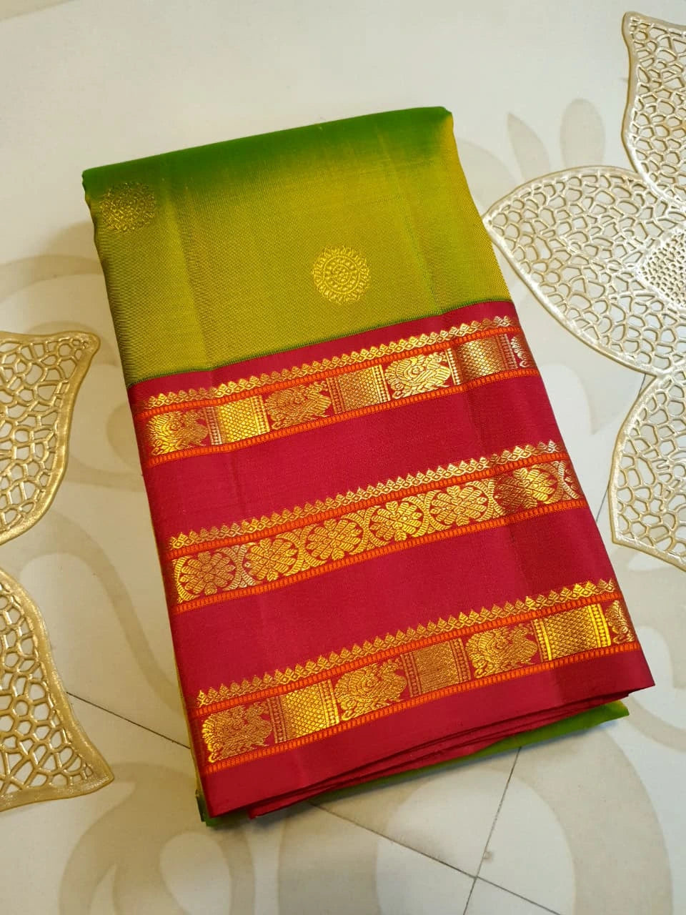2G Pure Korvai Kanjivaram Silk Saree in Parrot Green with Rich Red & Gold Zari Peacock Border | Silkmark Certified