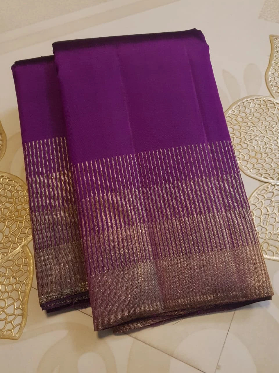2G Kanjivaram Silk Saree in Deep Purple with Gold Zari Striped Border | Silkmark Certified