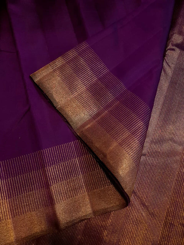 2G Kanjivaram Silk Saree in Deep Purple with Gold Zari Striped Border | Silkmark Certified