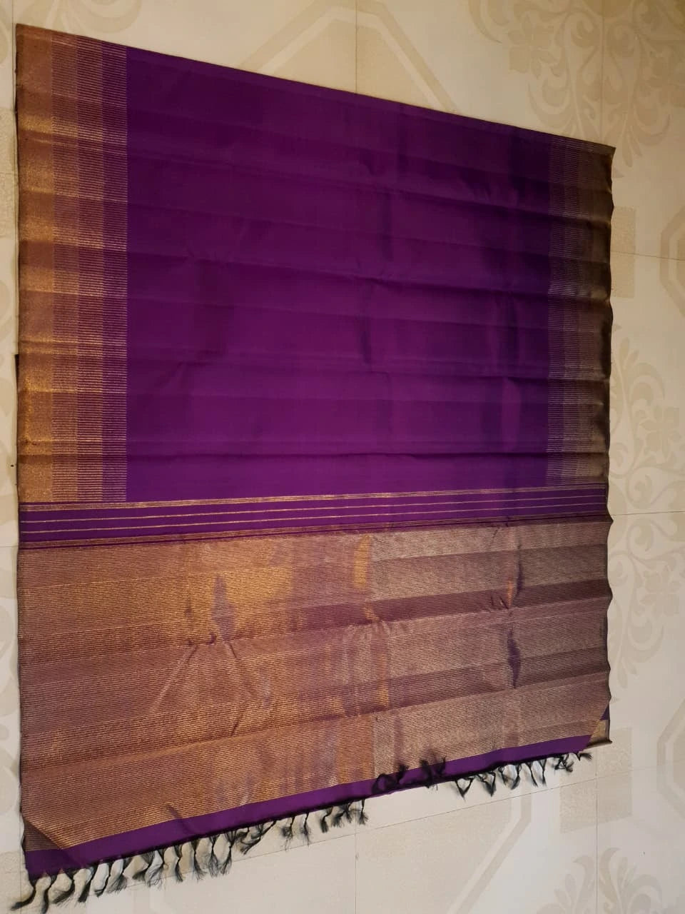 2G Kanjivaram Silk Saree in Deep Purple with Gold Zari Striped Border | Silkmark Certified