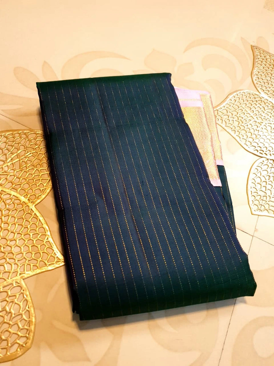 2G Pure Korvai Kanjivaram Silk Saree in Deep Navy Blue with Pink & Gold Zari Elephant Border and Fine Vertical Stripes | Silkmark Certified