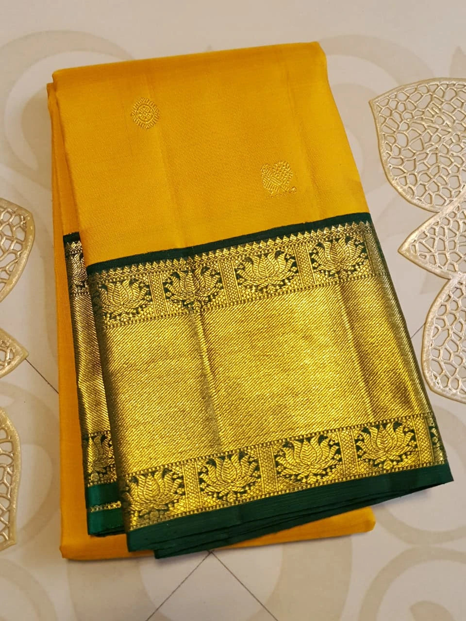 2G Pure Korvai Kanjivaram Silk Saree in Golden Yellow with Bottle Green and Gold Zari Border | Silkmark Certified