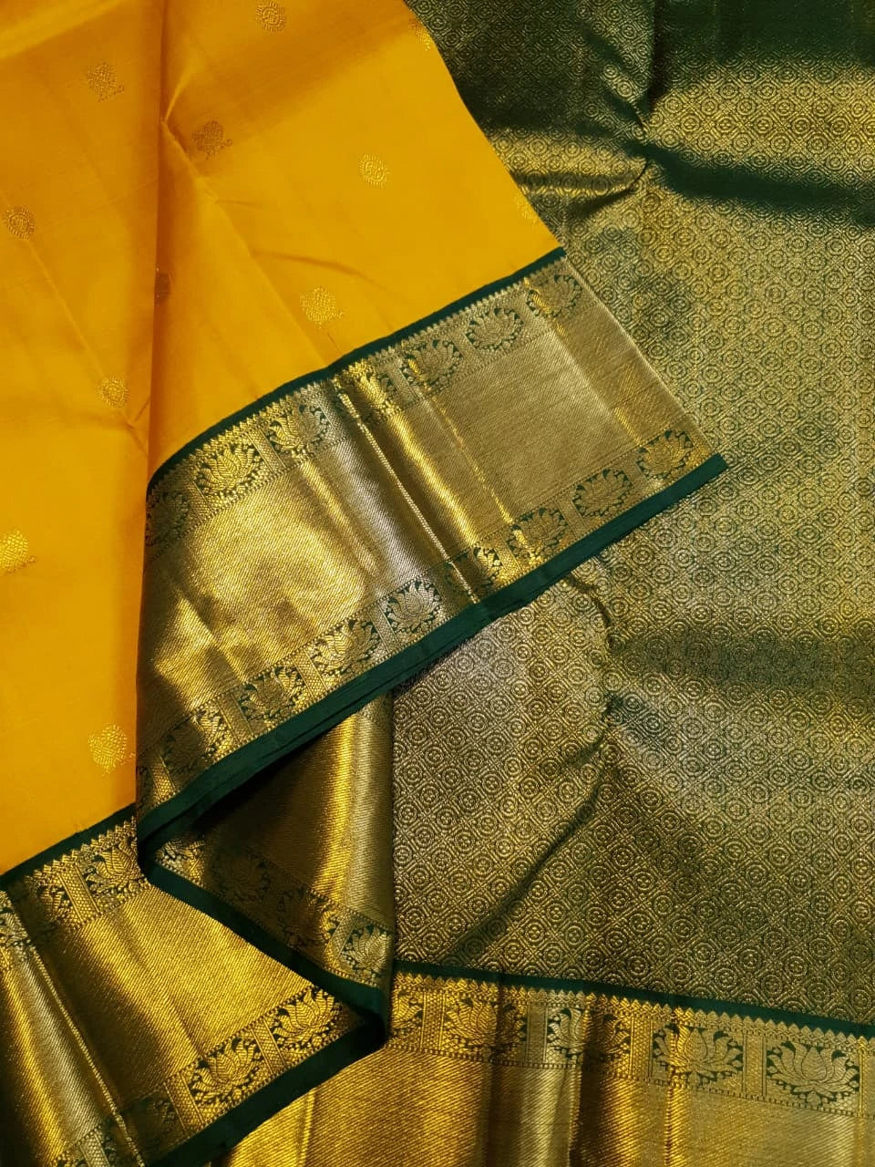2G Pure Korvai Kanjivaram Silk Saree in Golden Yellow with Bottle Green and Gold Zari Border | Silkmark Certified