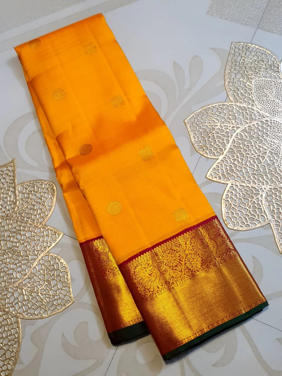 2G Pure Korvai Kanjivaram Silk Saree in Bright Yellow with Maroon Peacock Border & Rich Gold Zari | Silkmark Certified