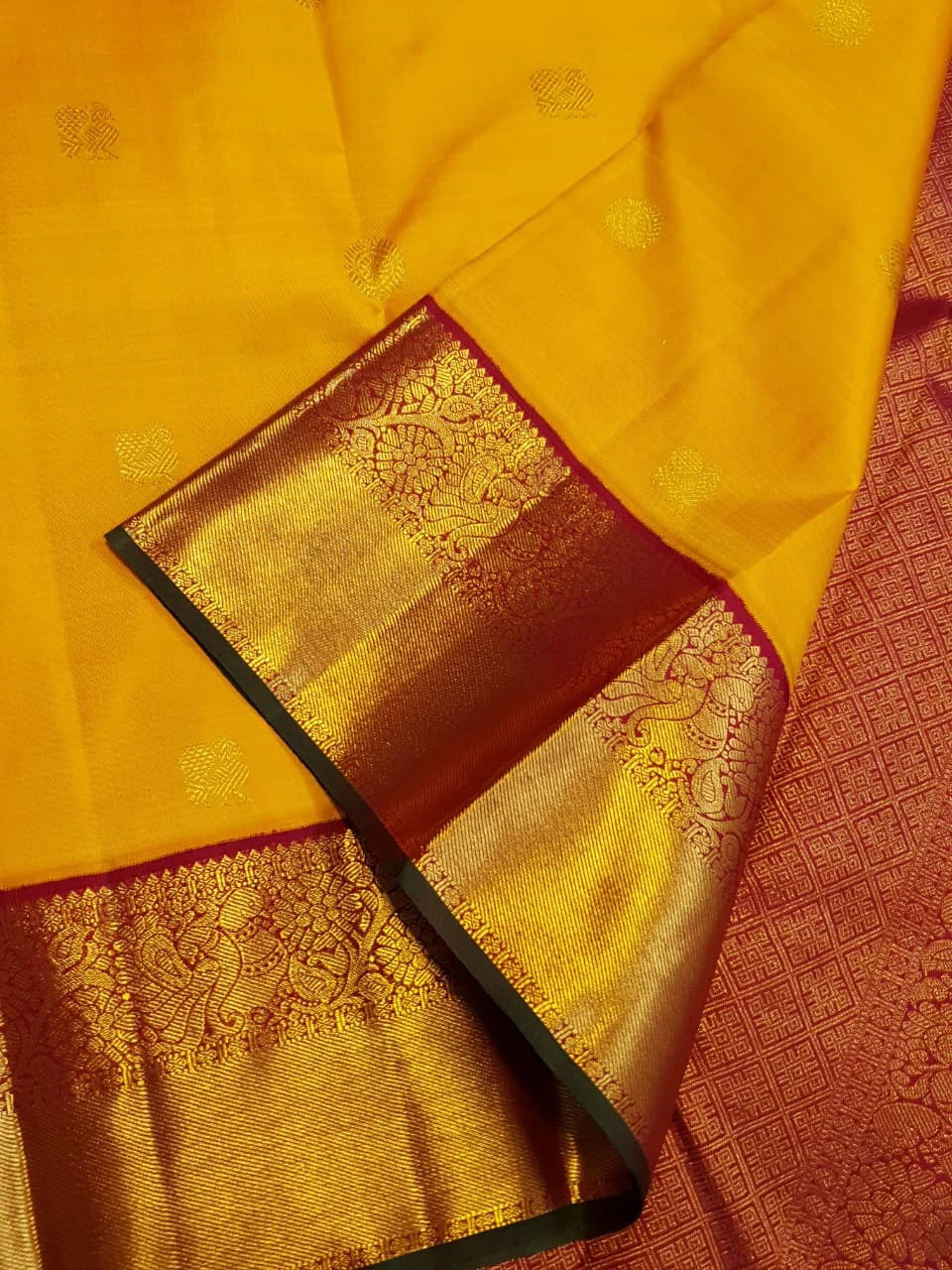2G Pure Korvai Kanjivaram Silk Saree in Bright Yellow with Maroon Peacock Border & Rich Gold Zari | Silkmark Certified
