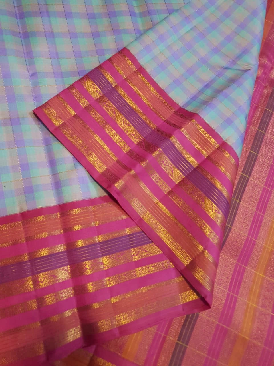 2G Pure Korvai Kanjivaram Silk Saree in Pastel Aqua Blue & Lavender Checks with Rich Magenta Pink Gold Zari Striped Border | Silkmark Certified