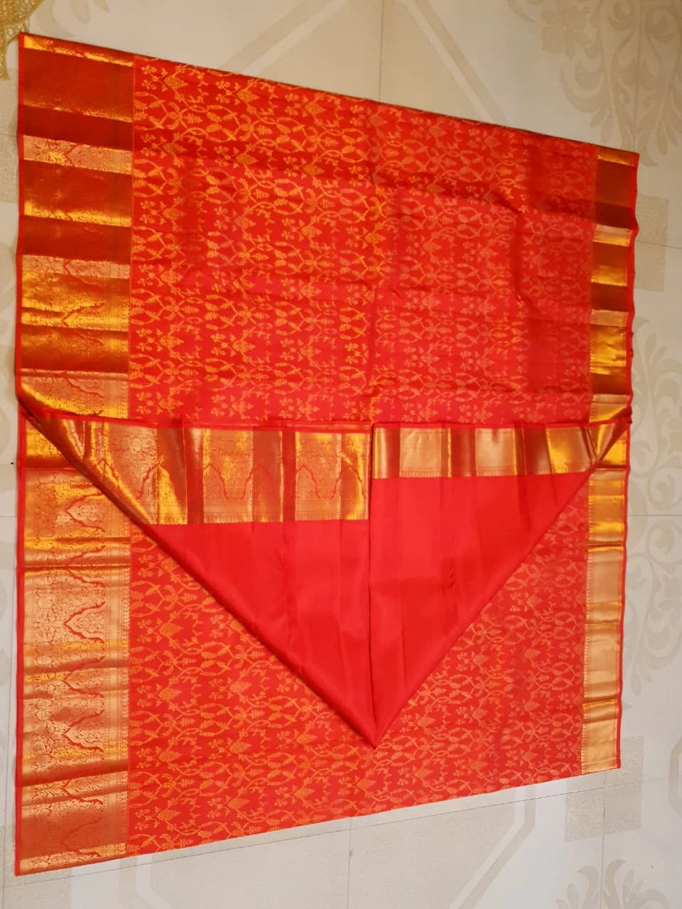 2G Pure Kanjivaram Silk Saree in Chilli Red with All-Over Floral Zari Jaal & Rich Gold Zari Border | Silkmark Certified