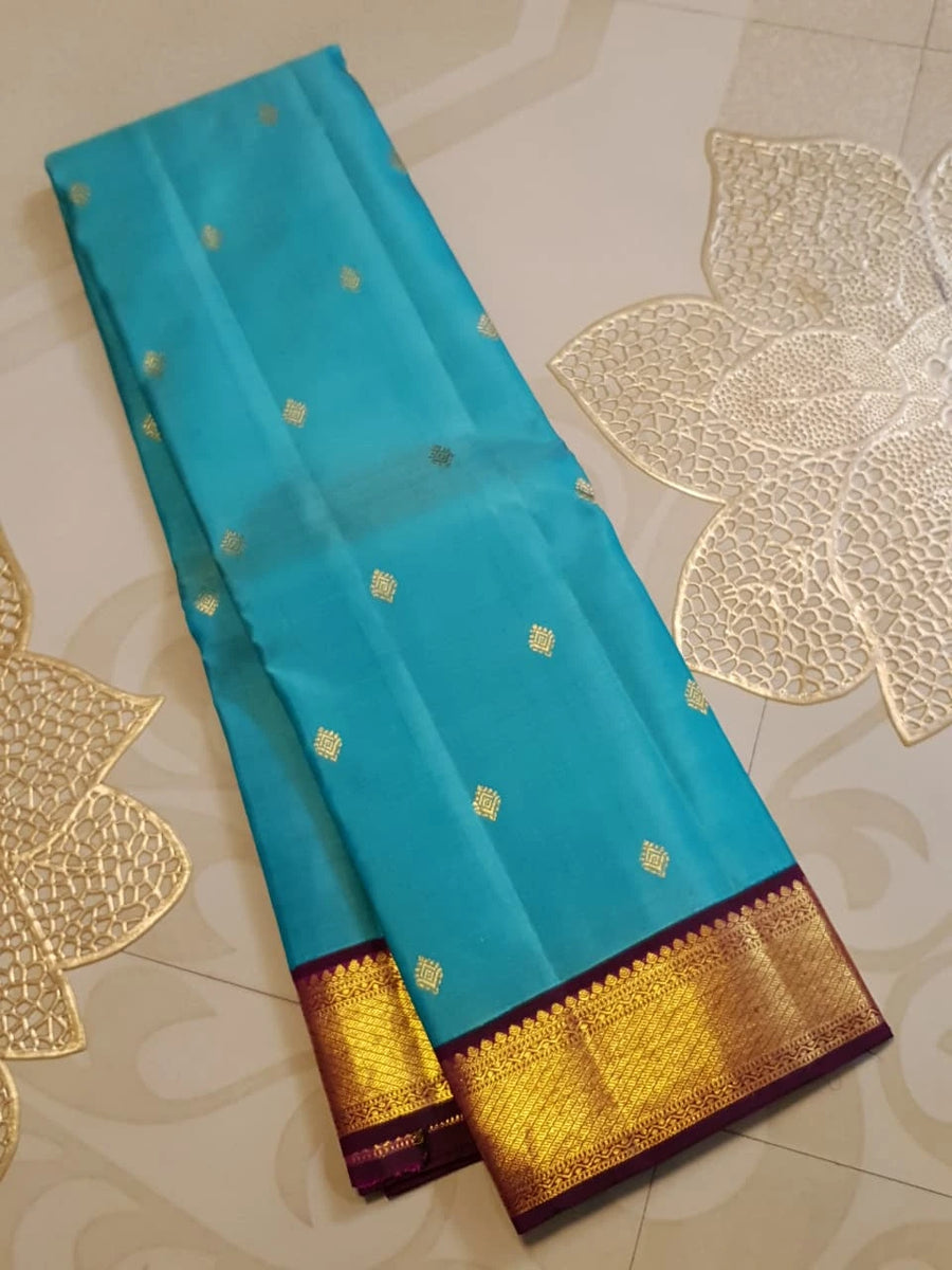 2 Gram Pure Kanjivaram Silk Saree in Turquoise Blue with Maroon Contrast Border & Rich Gold Zari Pallu | Silkmark Certified