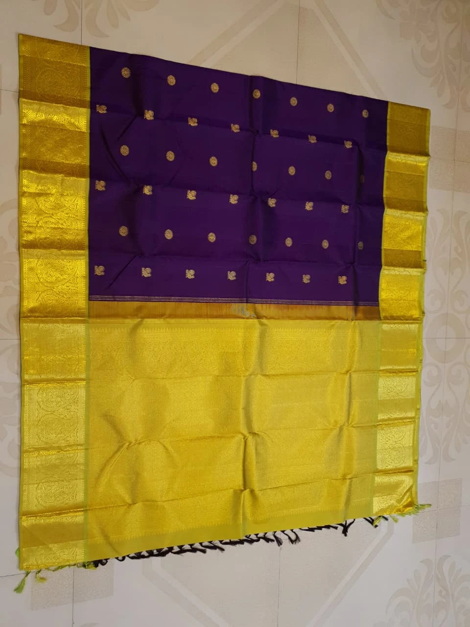 2G Pure Korvai Kanjivaram Silk Saree in Rich Purple with Lemon Yellow Broad Gold Zari Border & Grand Gold Zari Pallu | Silkmark Certified