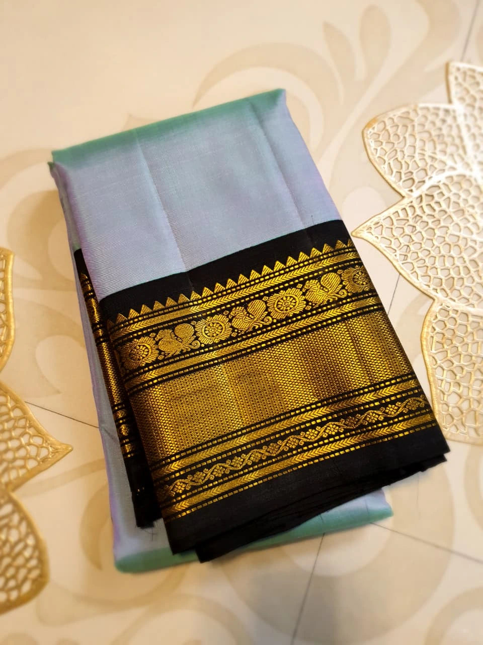 2G Pure Kanjivaram Silk Saree in Pastel Blue with Black Peacock Zari Border & Rich Gold Zari Pallu | Silkmark Certified