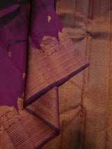 2 Gram Pure Kanjivaram Silk Saree in Rich Purple with Antique Gold Zari Parrot Buttas, Grand Zari Peacock Border & Traditional Zari Pallu | Silkmark Certified