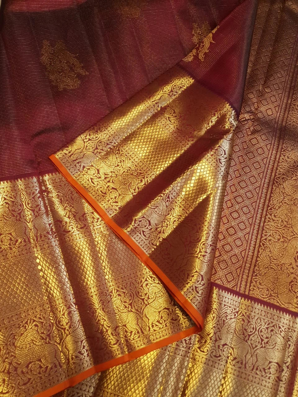 2 Gram Pure Kanjivaram Silk Saree in Rich Maroon with Antique Gold Zari Peacock Buttas, Grand Zari Border & Traditional Zari Pallu | Silkmark Certified