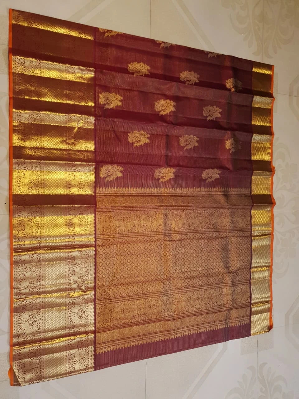 2 Gram Pure Kanjivaram Silk Saree in Rich Maroon with Antique Gold Zari Peacock Buttas, Grand Zari Border & Traditional Zari Pallu | Silkmark Certified