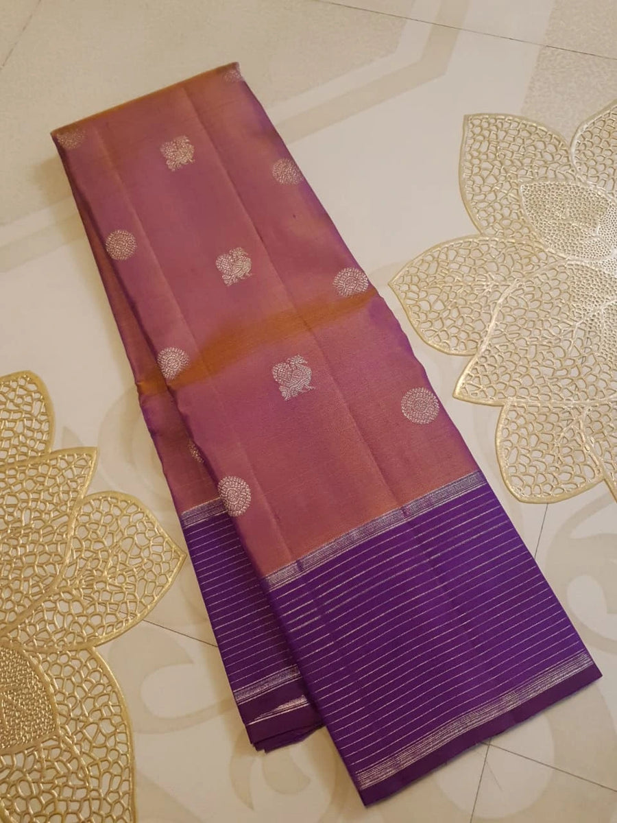 2G Pure Kanjivaram Silk Saree in Rose Mauve with Rich Purple Zari Striped Border, Traditional Peacock Buttas & Zari Pallu | Silkmark Certified