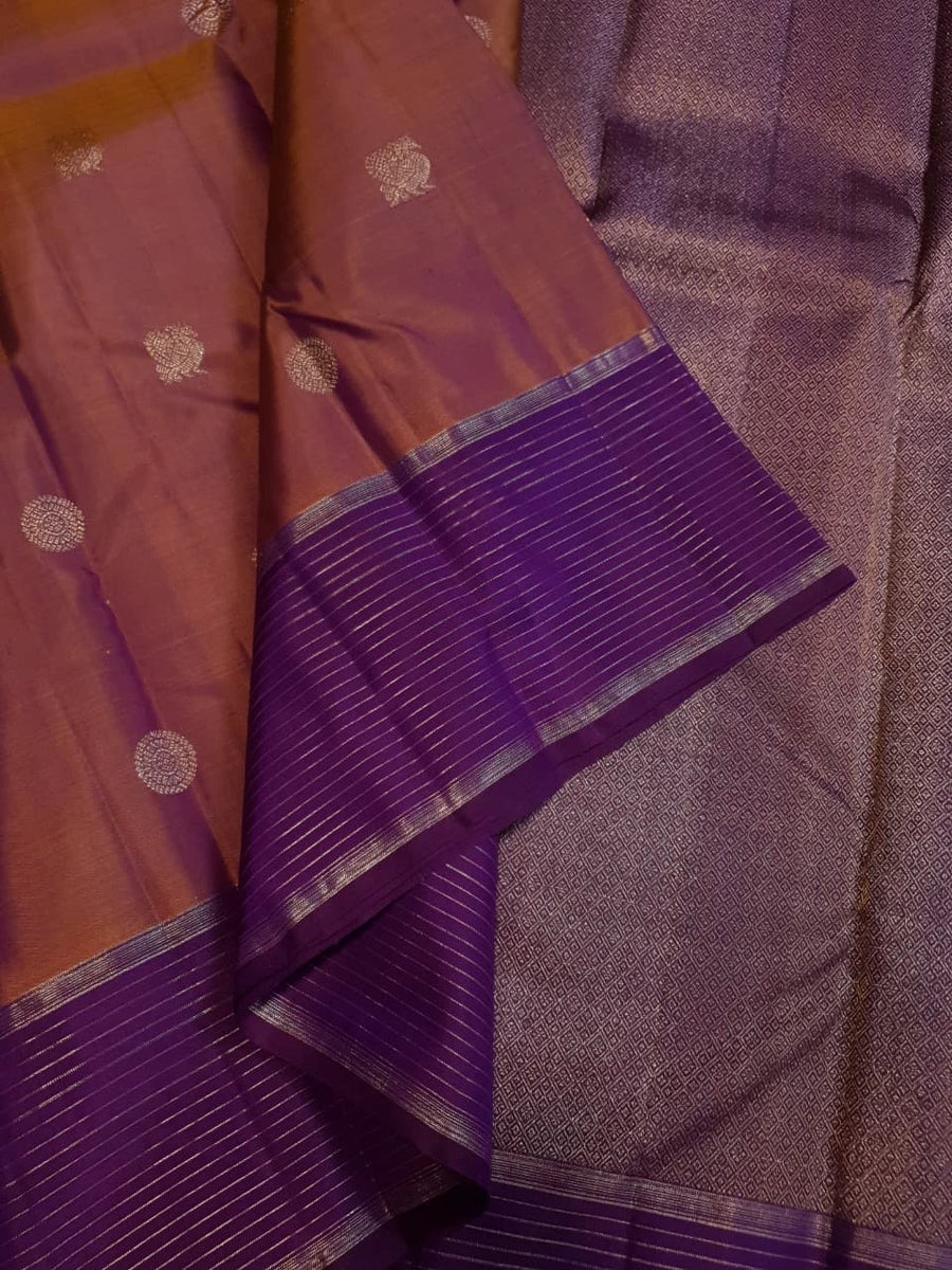 2G Pure Kanjivaram Silk Saree in Rose Mauve with Rich Purple Zari Striped Border, Traditional Peacock Buttas & Zari Pallu | Silkmark Certified